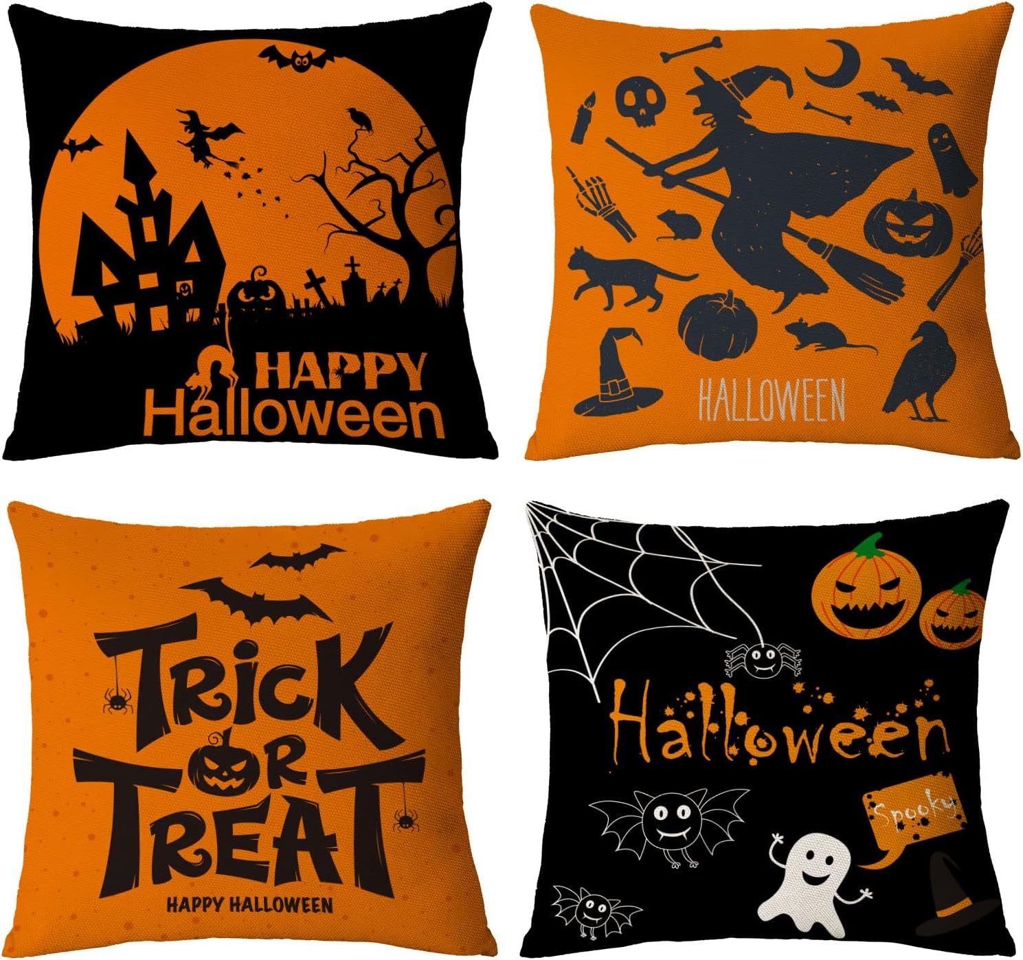 Halloween Decor Pillow Covers 16X16 Set of 4 Halloween Fall Black Decorative Throw Pillows Scary Pumpkin Bats Pillow Cases Home Outdoor Sofa Couch Cushion Covers for Halloween Decorations (16 by 16)