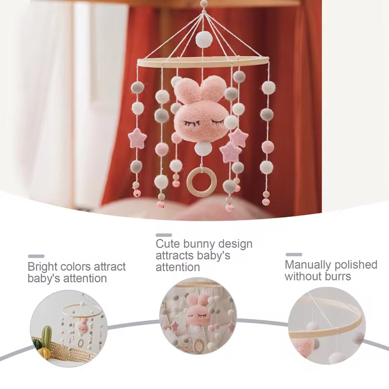 Baby Rattles Crib Mobiles Toy Cotton Rabbit Pendant Bed Bell Rotating Music Rattles for Cots Projection Infant Wooden Toys