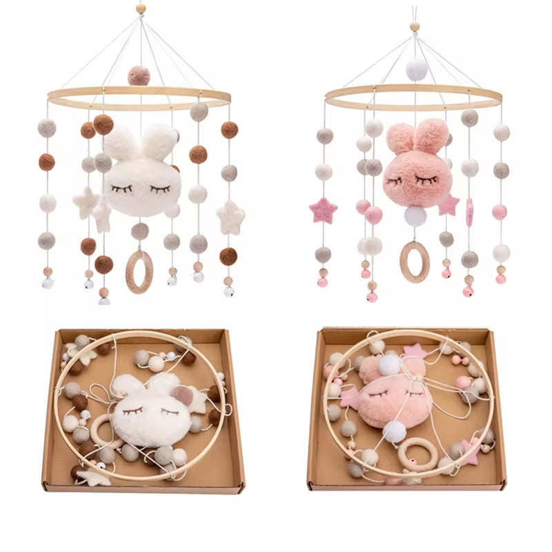 Baby Rattles Crib Mobiles Toy Cotton Rabbit Pendant Bed Bell Rotating Music Rattles for Cots Projection Infant Wooden Toys