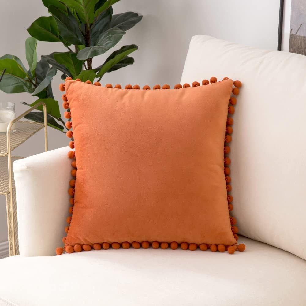 Fall Decorative Pillow Covers 16X16 Burnt Orange Throw Pillows Pack of 2 Cozy Soft Pom-Poms Velvet Couch Pillow Covers Home Decor for Farmhouse Cushion Sofa Bedroom