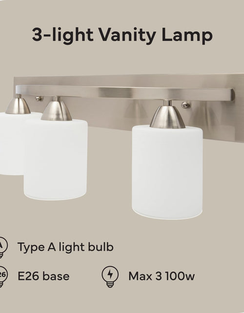 Load image into Gallery viewer, | Bathroom Vanity Light Bar | Interior Bathroom Lighting Fixtures with Modern Glass Shade | Bathroom Lights over Mirror | (Brushed Nickel, 3 Lights, E26 100W LED, Bulbs Not Included)
