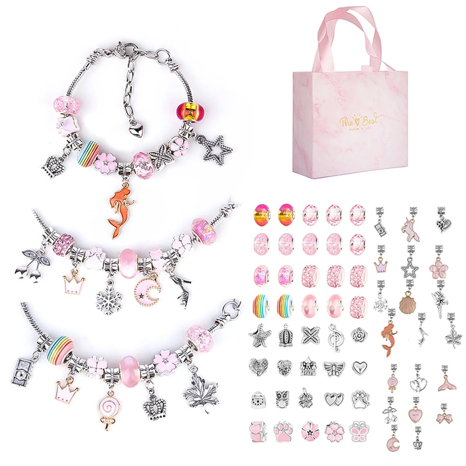 Charm Bracelet Making Kit, Jewelery Making Kit for Girls DIY Handmade Crafts Jewelry Making Charms Bracelet Making Set with Exquisite Gift Box Pink