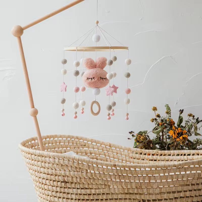 Baby Rattles Crib Mobiles Toy Cotton Rabbit Pendant Bed Bell Rotating Music Rattles for Cots Projection Infant Wooden Toys