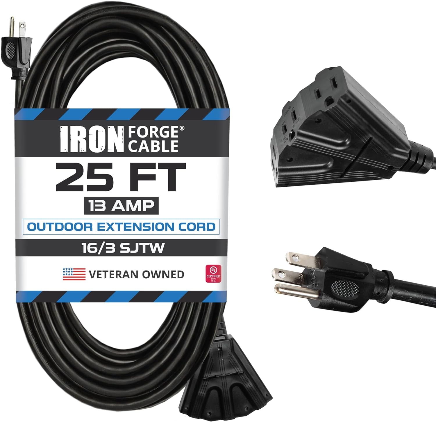 25 Ft Outdoor Extension Cord with 3 Electrical Power Outlets - 16/3 SJTW Durable Black Cable