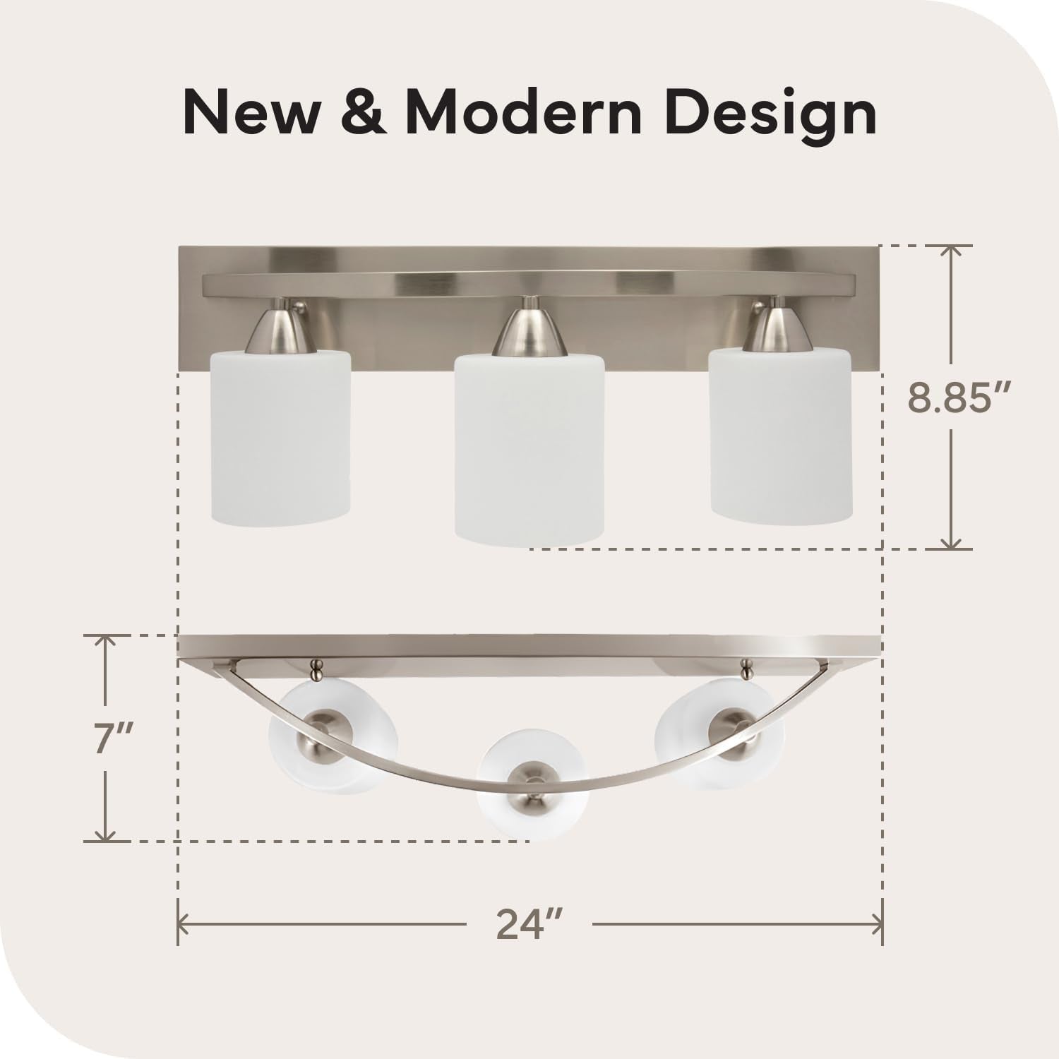 | Bathroom Vanity Light Bar | Interior Bathroom Lighting Fixtures with Modern Glass Shade | Bathroom Lights over Mirror | (Brushed Nickel, 3 Lights, E26 100W LED, Bulbs Not Included)