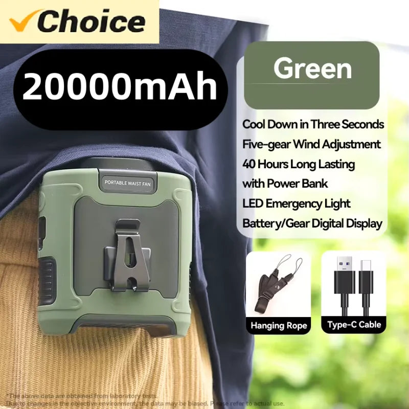 20000Mah Outdoor Portable Waist Fan Hanging Neck Fan Strong Wind with Power Bank LED Lighting for Sports Courier Outdoor Working