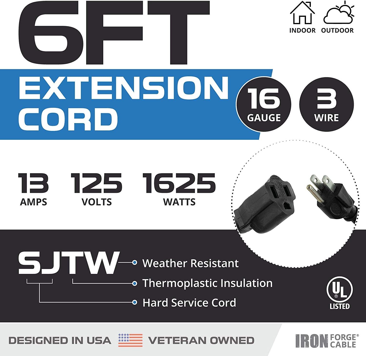 2 Pack of 6 Ft Outdoor Extension Cords - 16/3 Heavy Duty Black Extension Cord Pack