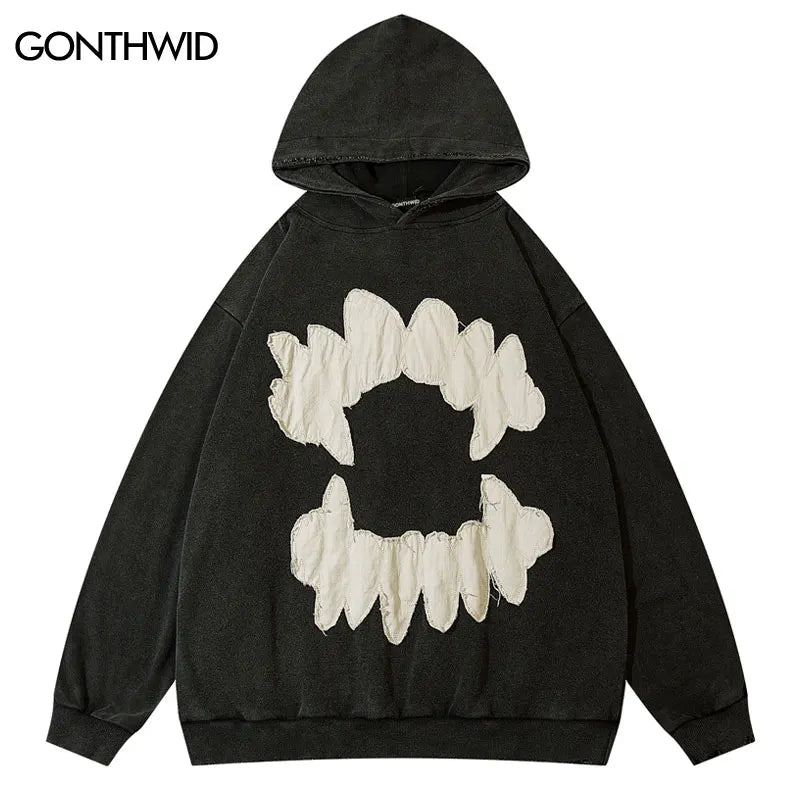 Vintage Teeth Hoodie Streetwear Hip Hop Retro Embroidery Patch Washed Hooded Sweatshirt Y2K Men Women Fashion Loose Hoodies