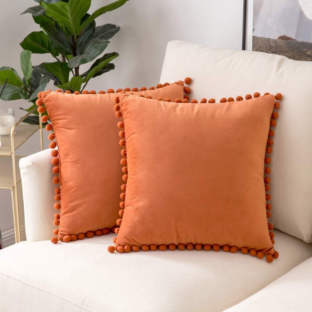 Fall Decorative Pillow Covers 16X16 Burnt Orange Throw Pillows Pack of 2 Cozy Soft Pom-Poms Velvet Couch Pillow Covers Home Decor for Farmhouse Cushion Sofa Bedroom